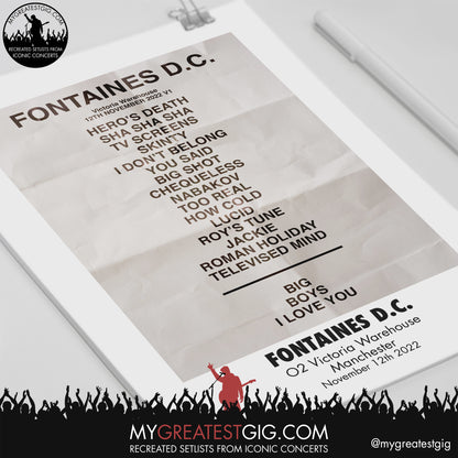 Fontaines D.C. - Manchester - November 12th 2022 Recreated Setlist Poster