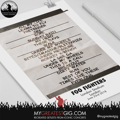 Foo Fighters - London - June 23rd 2018 Recreated Setlist Poster