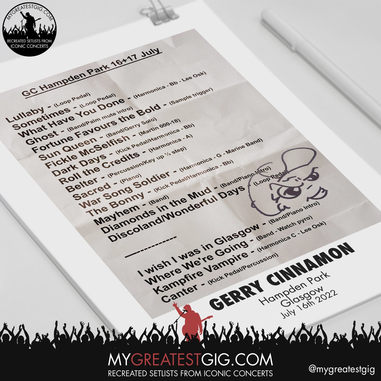 Gerry Cinnamon - Glasgow - July 16th 2024 Replica Setlist Poster