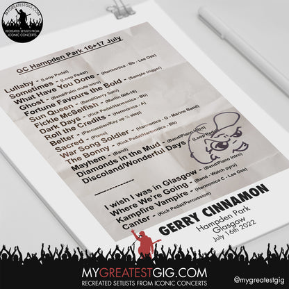Gerry Cinnamon - Glasgow - July 16th 2024 Replica Setlist Poster