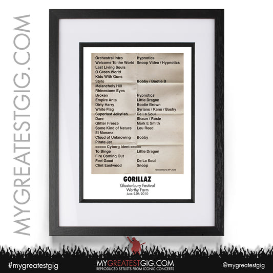 Gorillaz - Glastonbury Festival - June 25th 2010 Recreated Setlist Poster