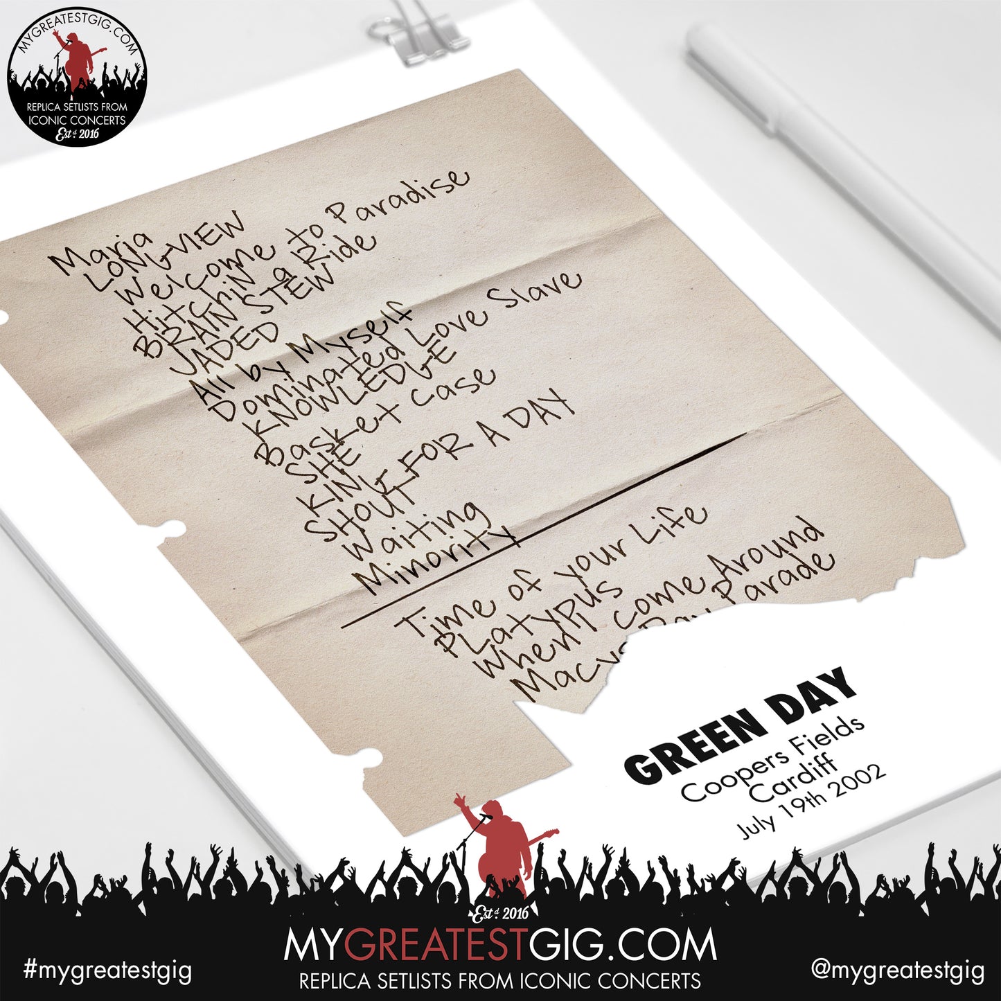 Green Day - Cardiff - Jul 19th 2002 Recreated Set List Poster