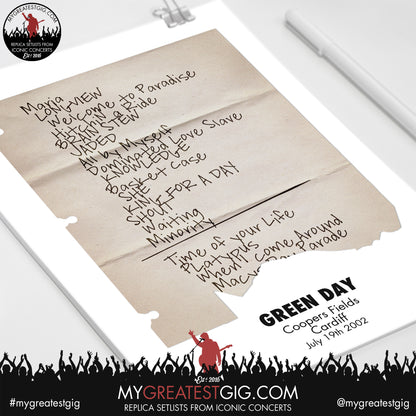 Green Day - Cardiff - Jul 19th 2002 Recreated Set List Poster