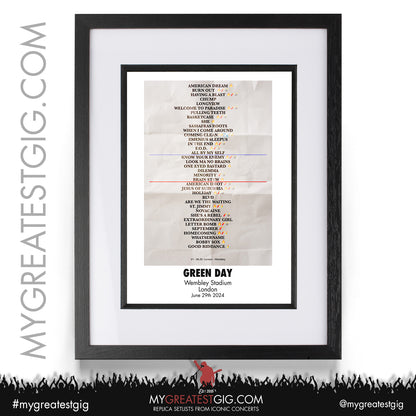 Green Day - Wembley Stadium - June 29th 2024 Replica Setlist Poster