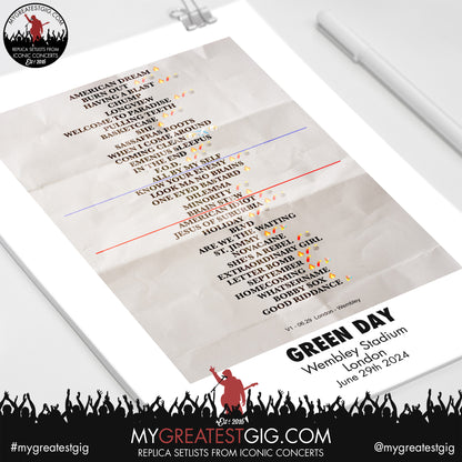 Green Day - Wembley Stadium - June 29th 2024 Replica Setlist Poster