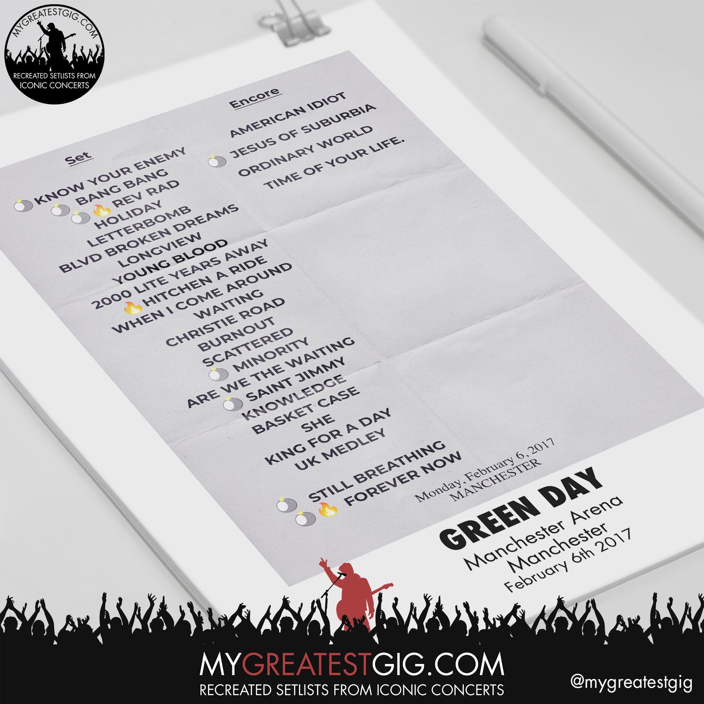 Green Day - Manchester - February 6th 2017 Replica Setlist Poster