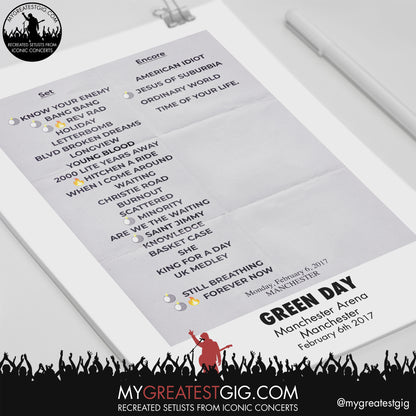 Green Day - Manchester - February 6th 2017 Replica Setlist Poster