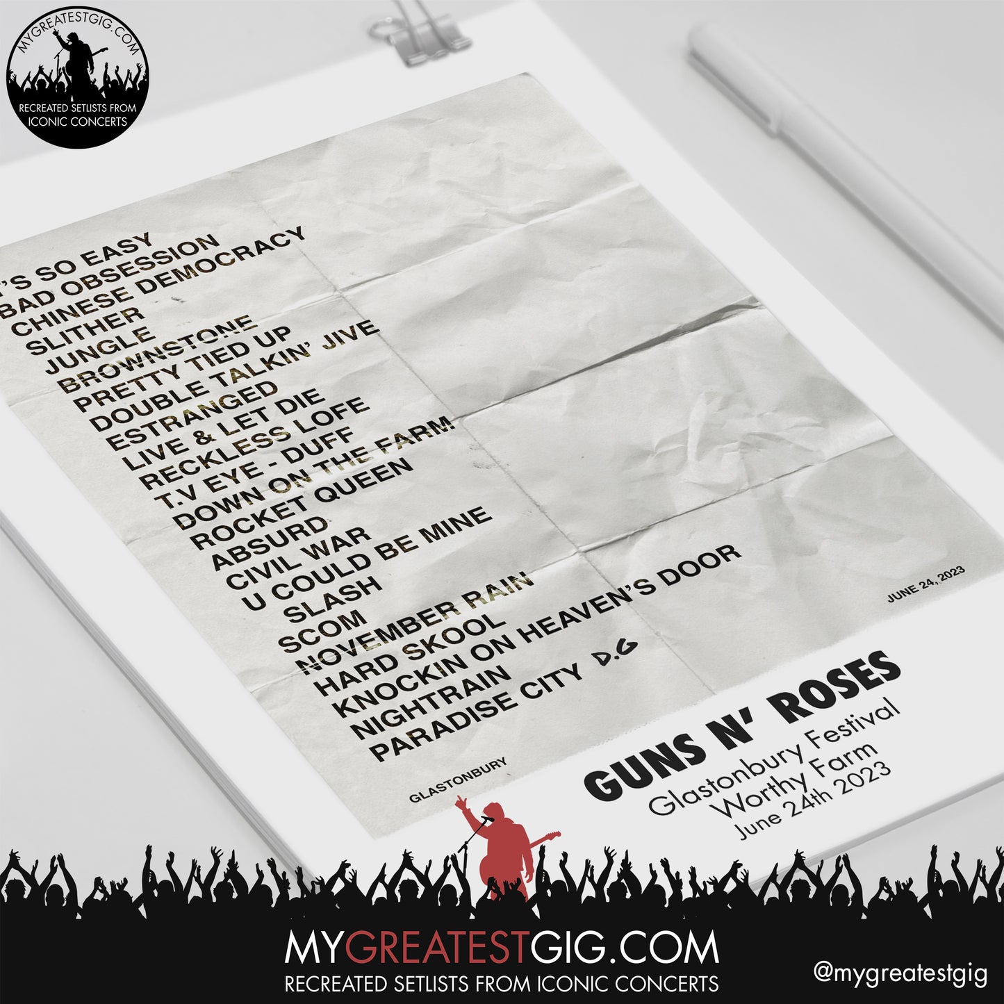 Guns N Roses - Glastonbury Festival - June 24th 2023 Recreated Setlist Poster