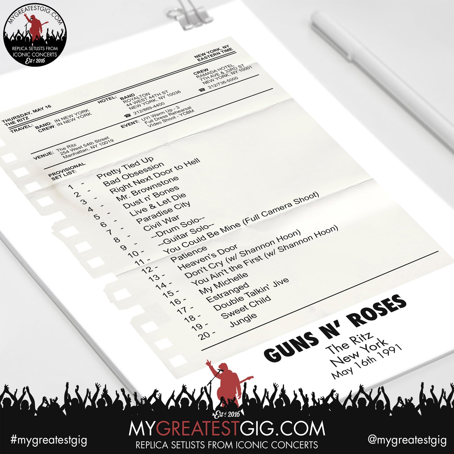 Guns N Roses - New York - May 16th 1991 Replica Setlist Poster