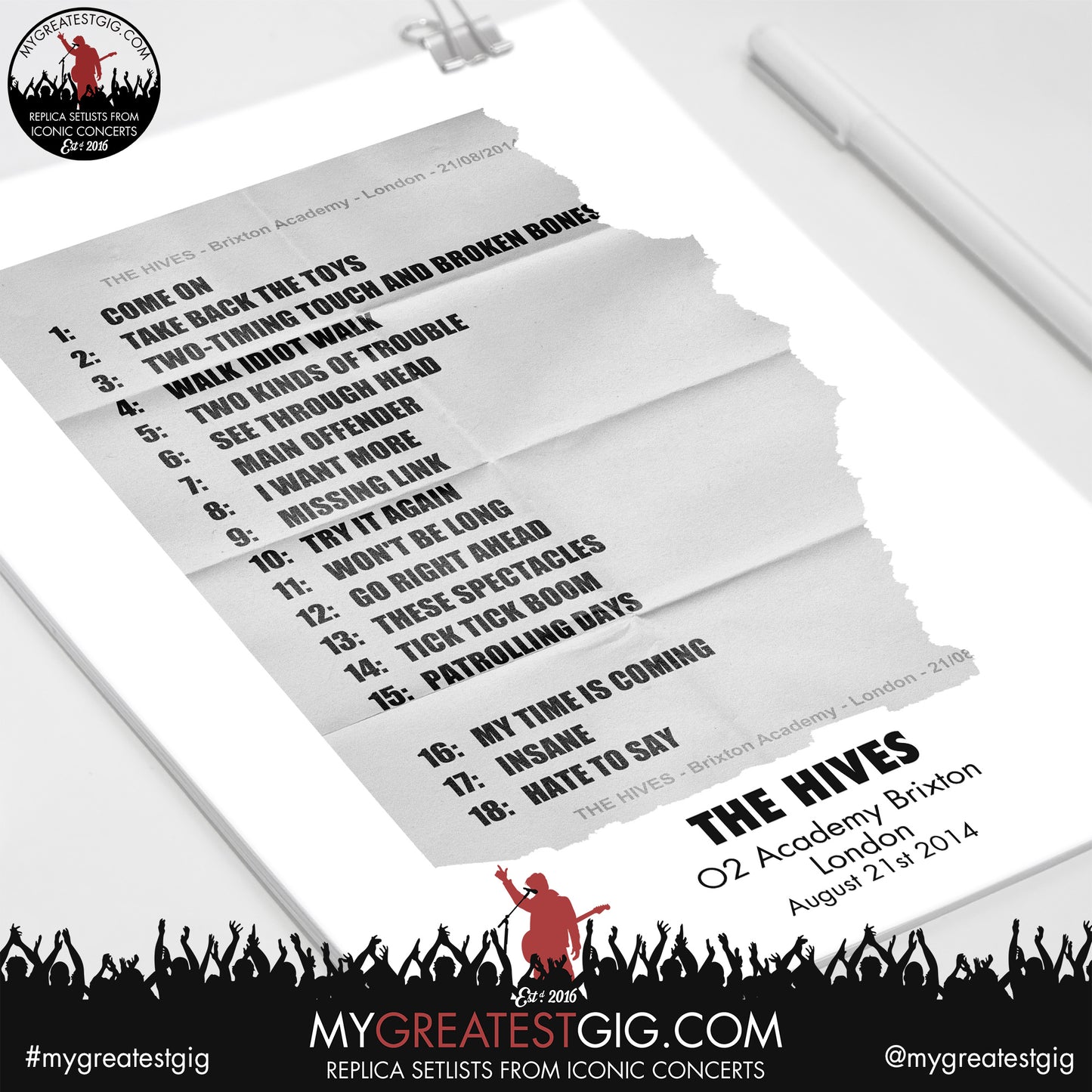 The Hives - London - August 21st 2014 Replica Setlist Poster