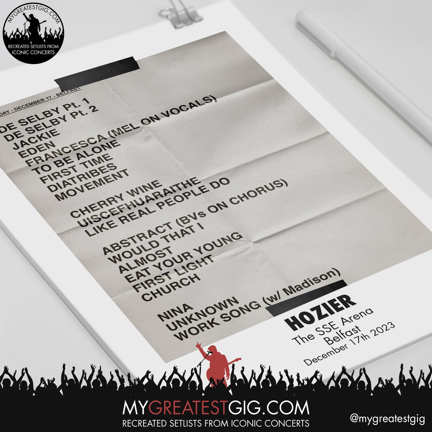 Hozier - Belfast - December 17th 2023 Recreated Setlist Poster
