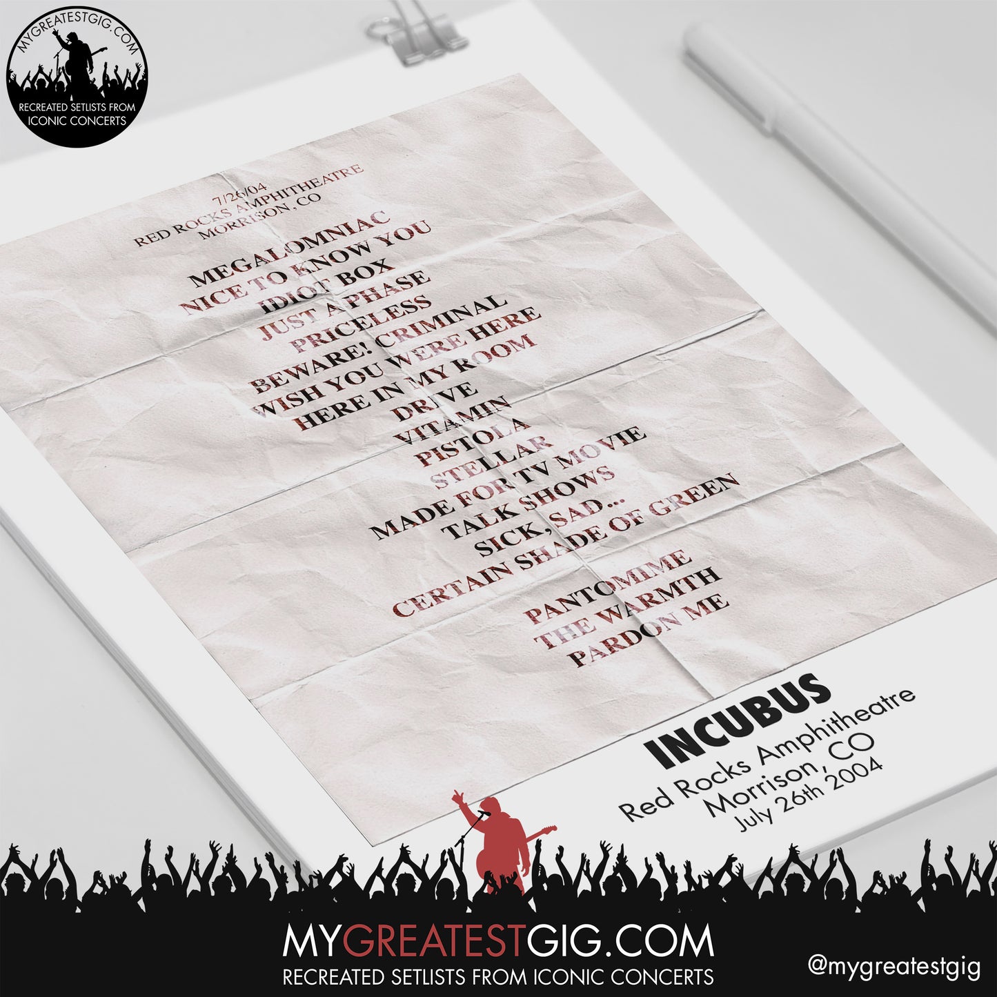 Incubus - Morrison - July 26th 2004 Recreated Setlist Poster
