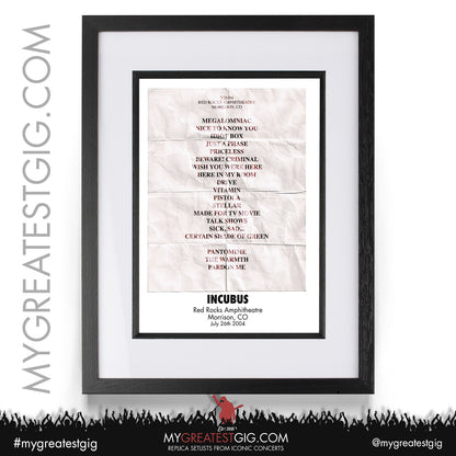 Incubus - Morrison - July 26th 2004 Recreated Setlist Poster