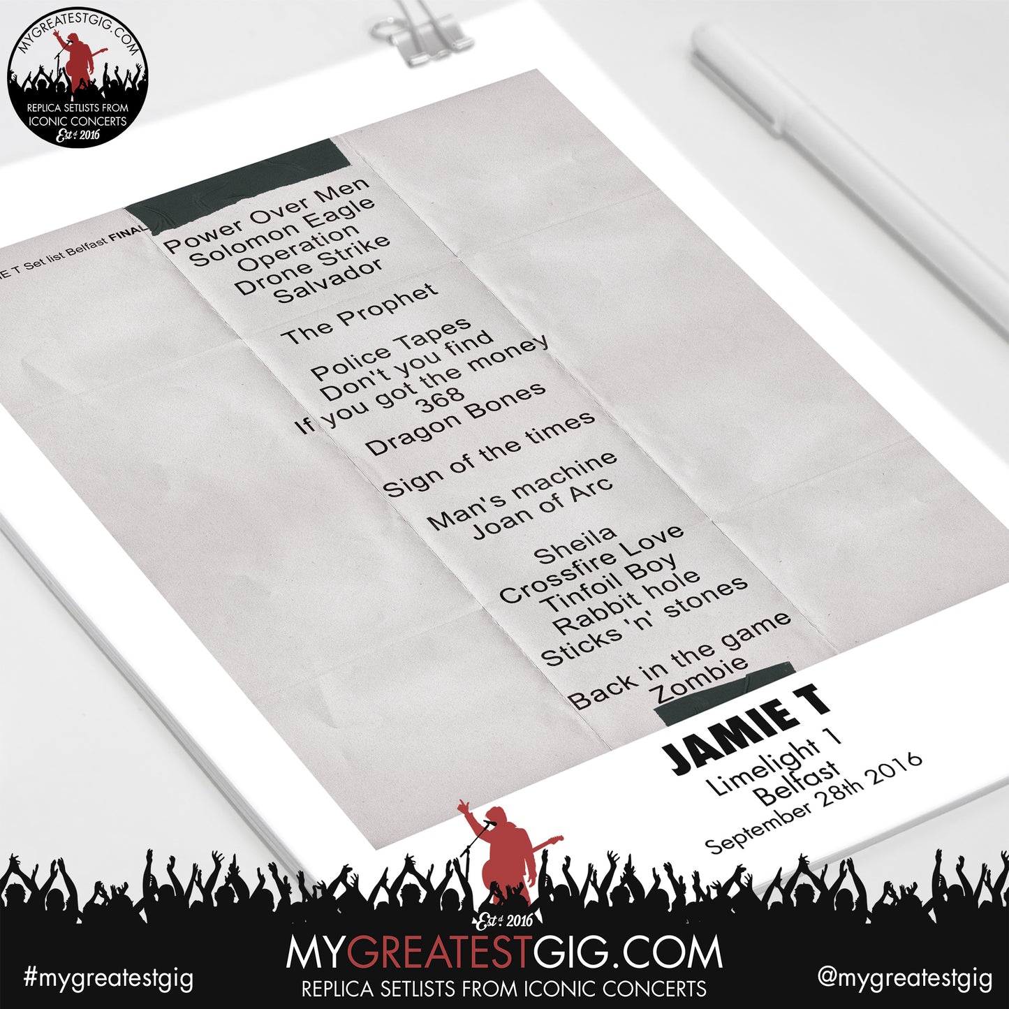 Jamie T - Belfast - September 28th 2016 Replica Setlist Poster