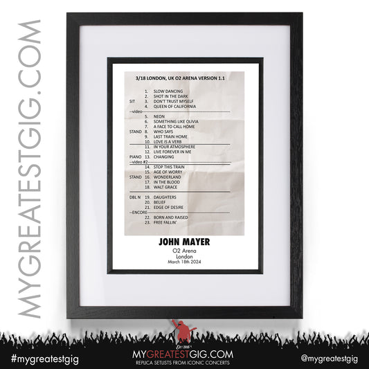 John Mayer - London - March 18th 2024 Replica Setlist Poster