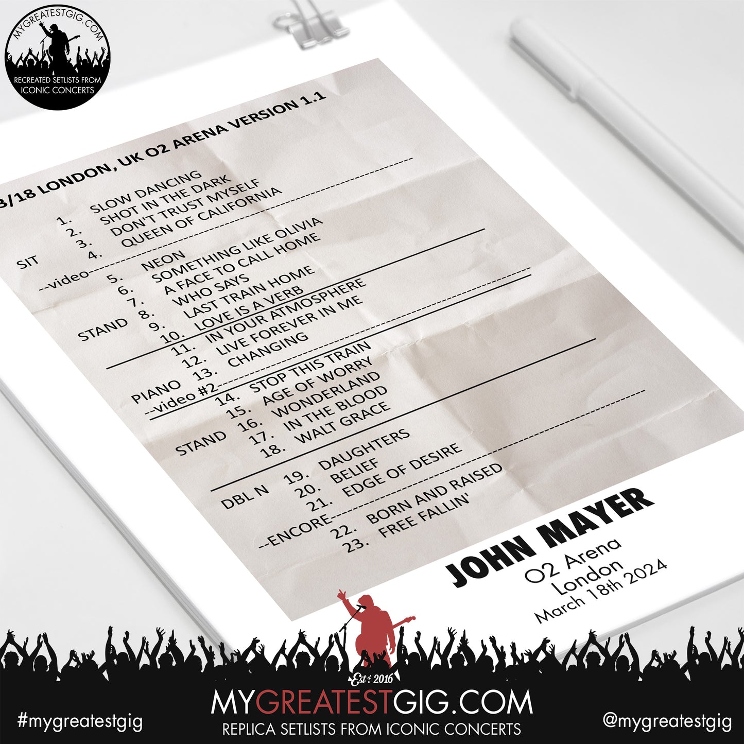 John Mayer - London - March 18th 2024 Replica Setlist Poster