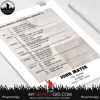 John Mayer - London - March 18th 2024 Replica Setlist Poster