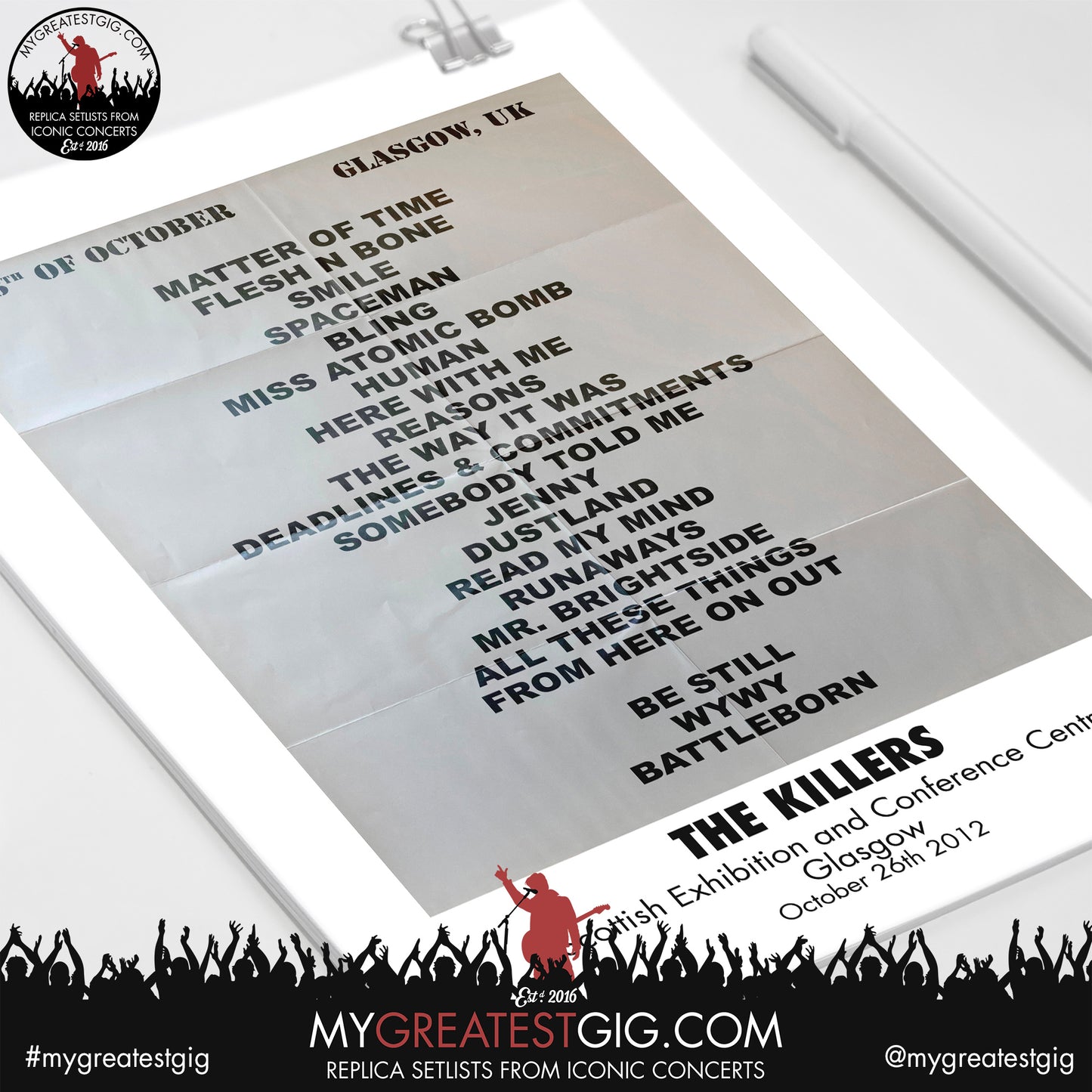 The Killers - Glasgow - October 26th 2012 Replica Setlist Poster