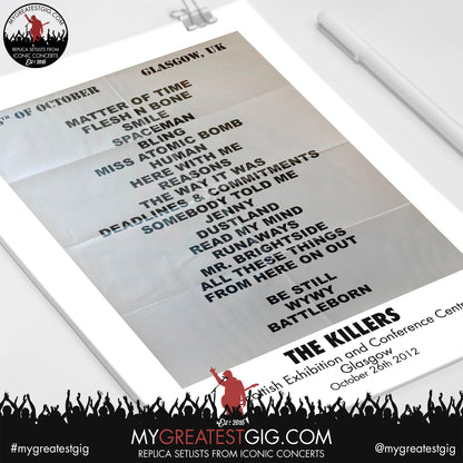 The Killers - Glasgow - October 26th 2012 Replica Setlist Poster