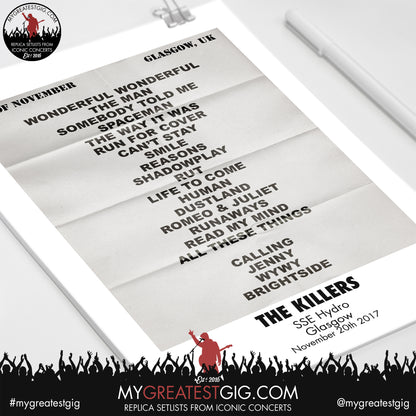 The Killers - Glasgow - Nov 20th 2017 Recreated Setlist Poster