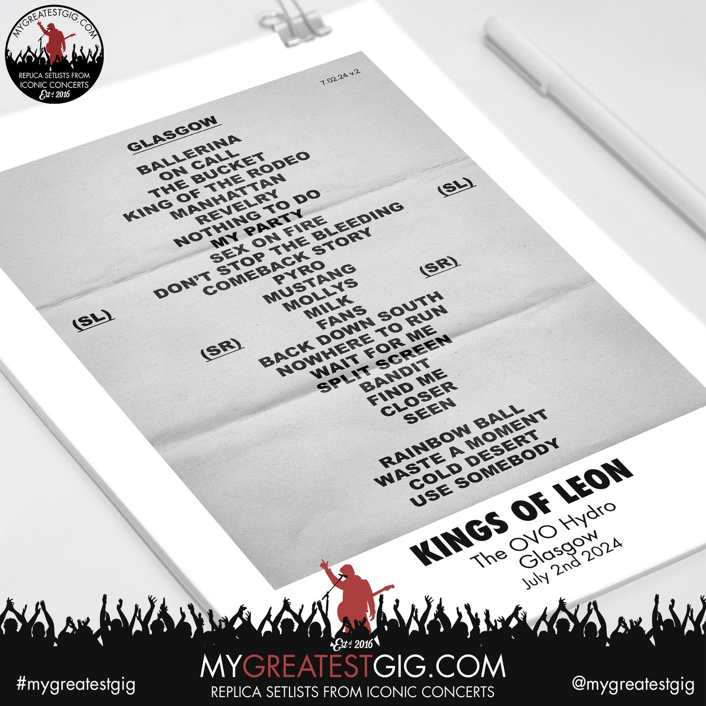Kings Of Leon - Glasgow - July 2nd 2024 Replica Setlist Poster