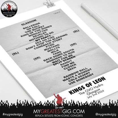Kings Of Leon - Glasgow - July 2nd 2024 Replica Setlist Poster