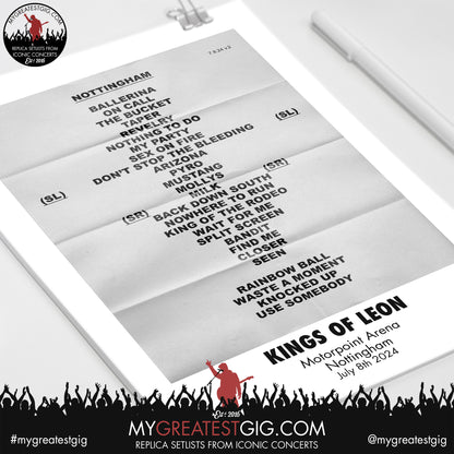 Kings Of Leon - Nottingham - July 8th 2024 Replica Setlist Poster