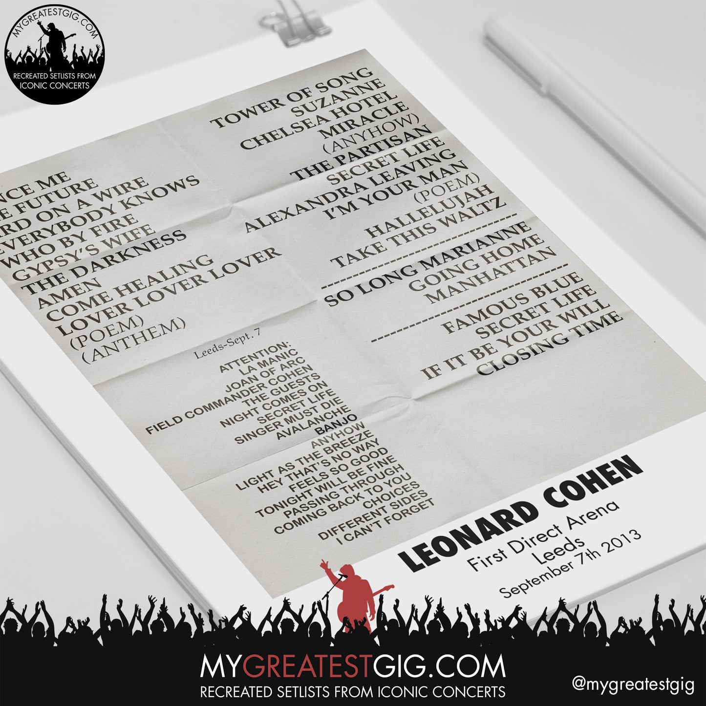 Leonard Cohen - Leeds - September 7th 2013 Recreated Setlist Poster