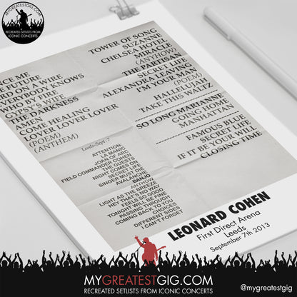 Leonard Cohen - Leeds - September 7th 2013 Recreated Setlist Poster