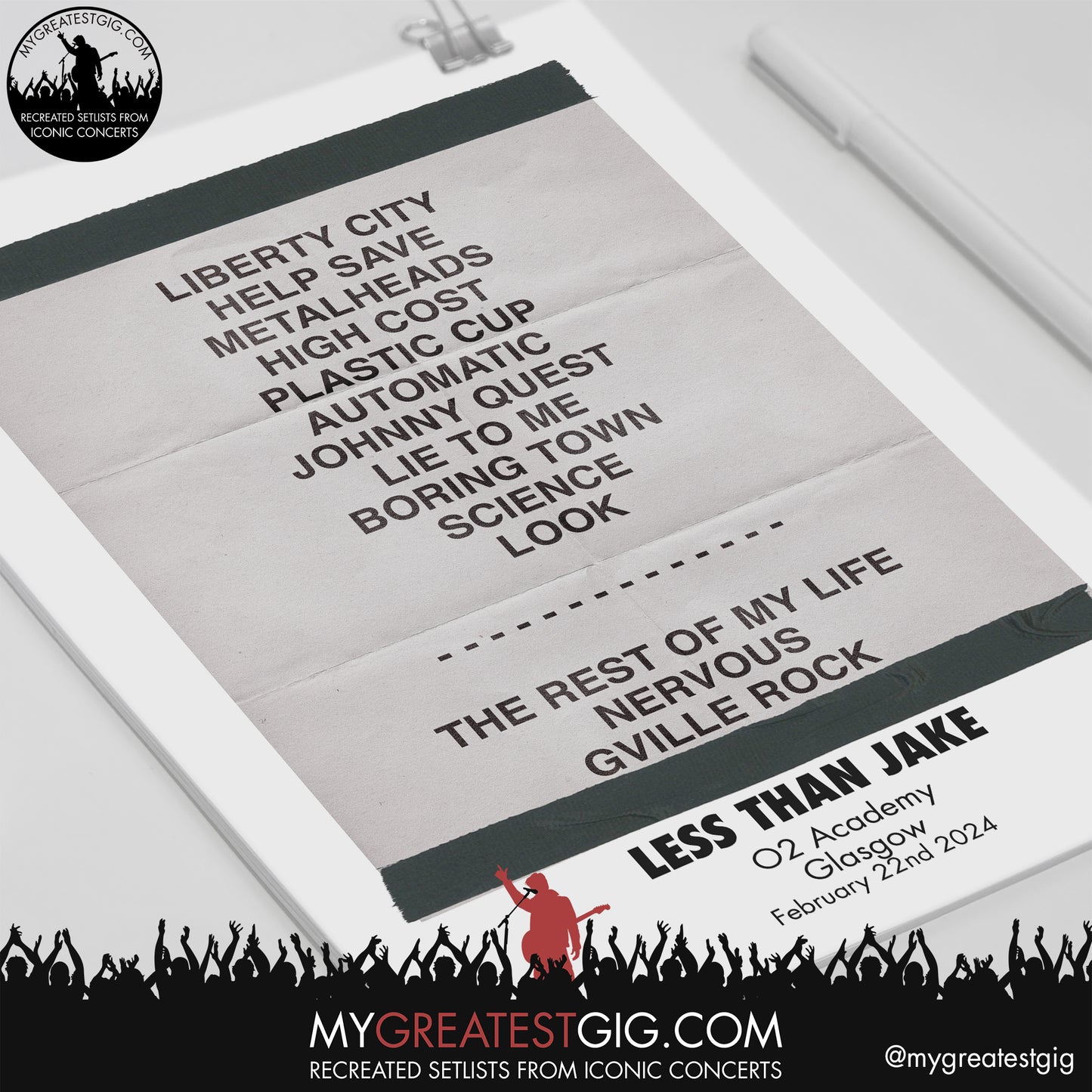 Less Than Jake - Glasgow - February 22nd 2024 Replica Setlist Poster