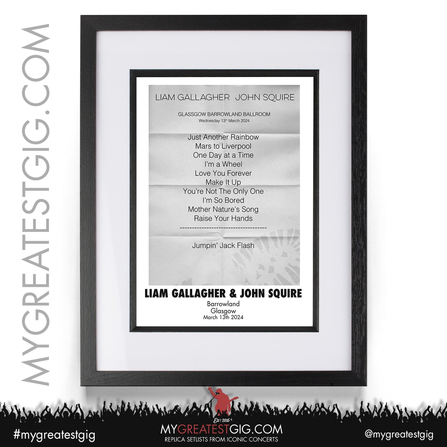 Liam Gallagher & John Squire - Glasgow - March 13th 2024 Replica Setlist Poster