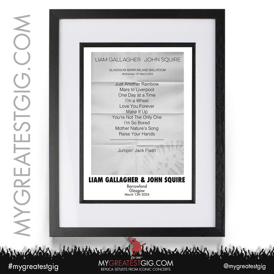 Liam Gallagher & John Squire - Glasgow - March 13th 2024 Replica Setlist Poster