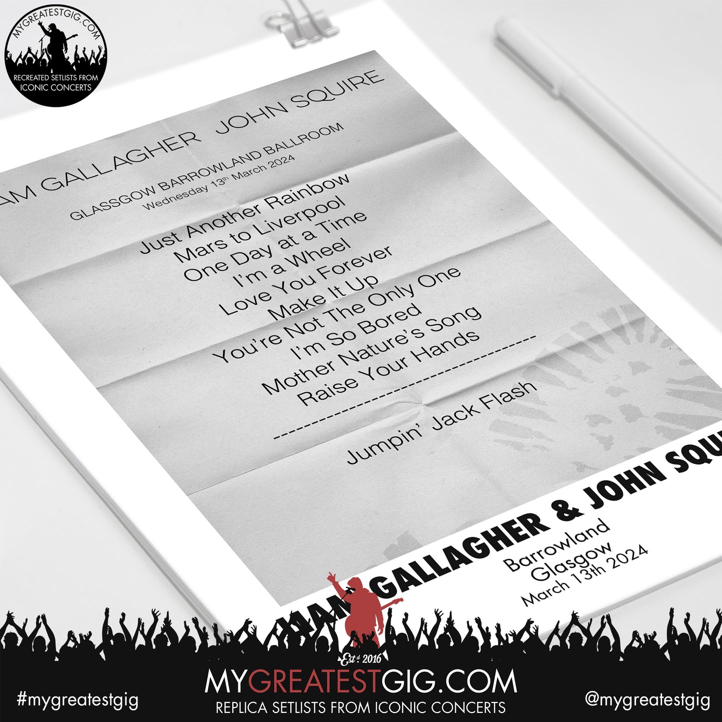 Liam Gallagher & John Squire - Glasgow - March 13th 2024 Replica Setlist Poster