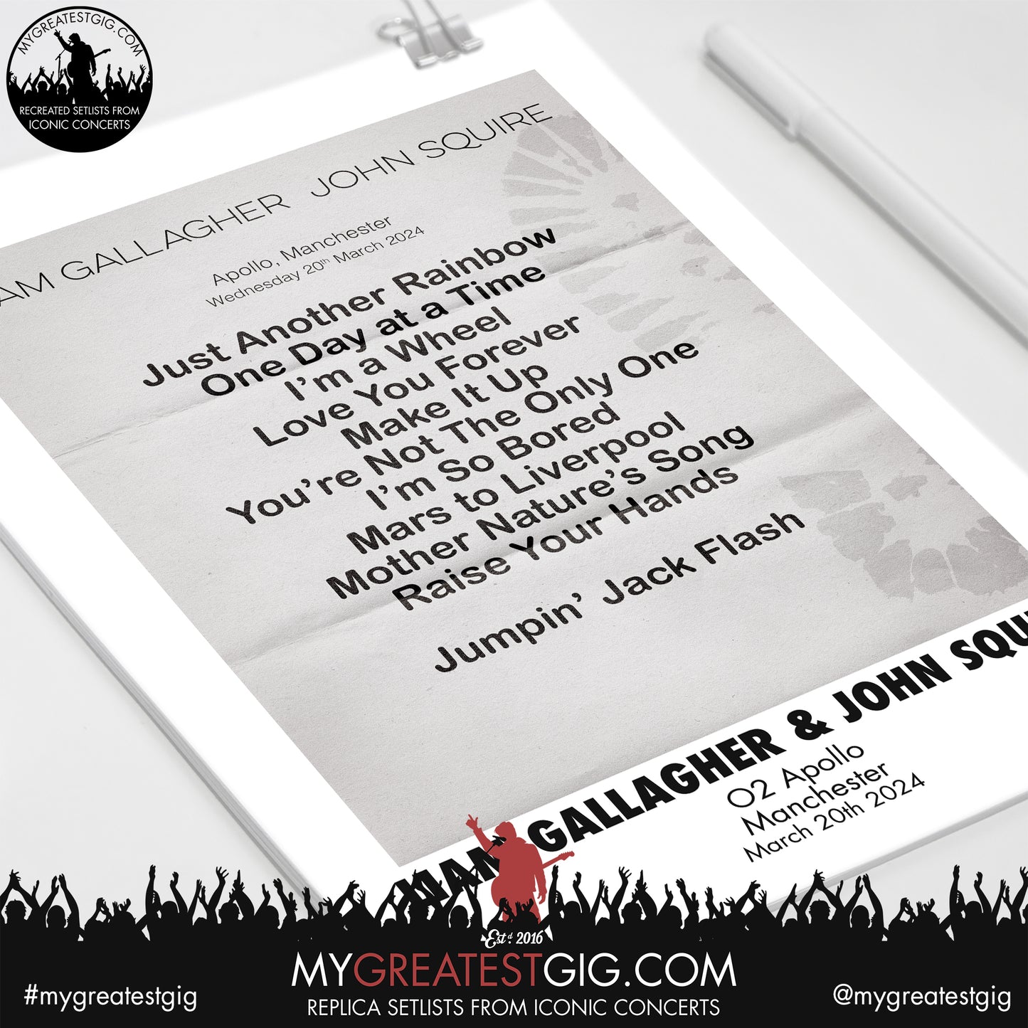 Liam Gallagher & John Squire - Manchester - March 20th 2024 Replica Setlist Poster