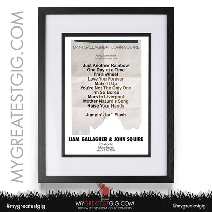 Liam Gallagher & John Squire - Manchester - March 21st 2024 Replica Setlist Poster