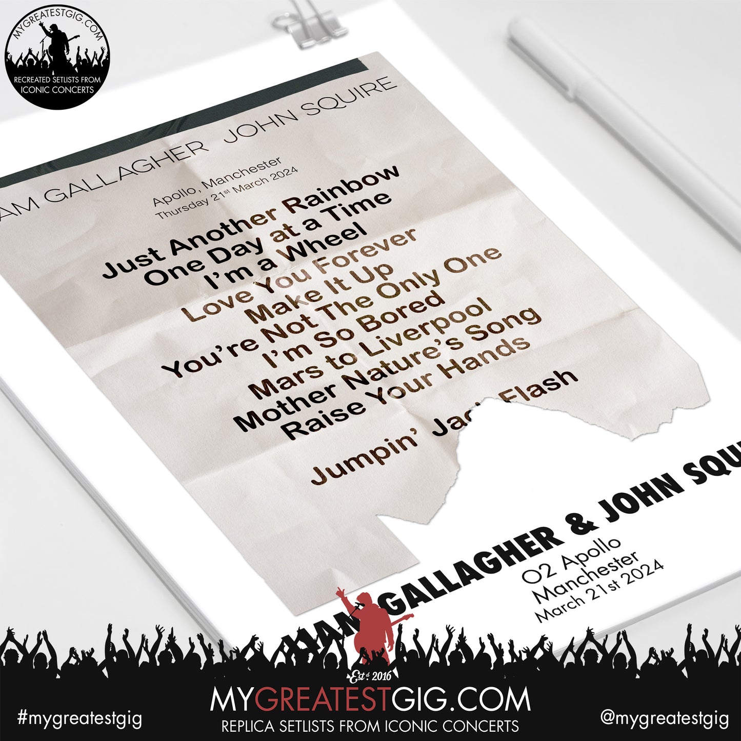 Liam Gallagher & John Squire - Manchester - March 21st 2024 Replica Setlist Poster