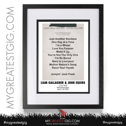 Liam Gallagher & John Squire - Wolverhampton - March 14th 2024 Replica Setlist Poster