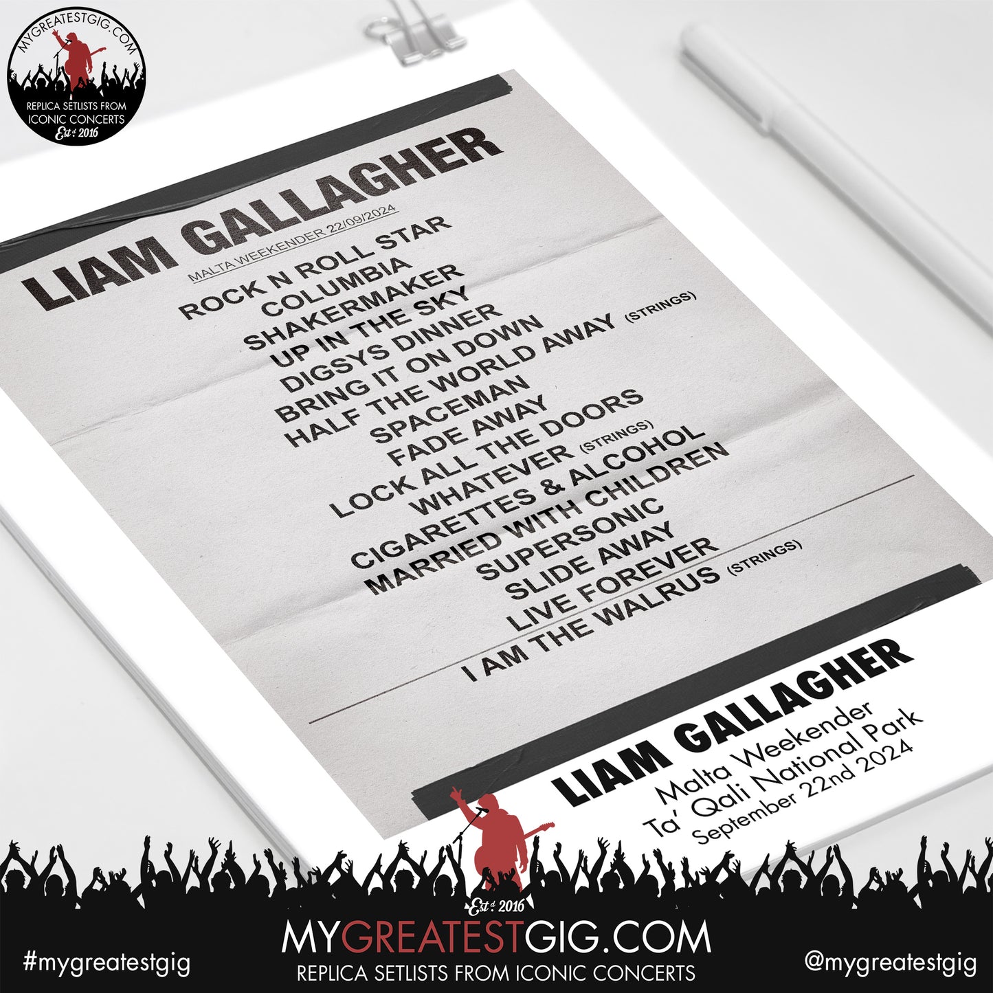Liam Gallagher - Malta Weekender - September 22nd 2024 Replica Setlist Poster
