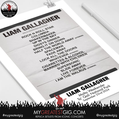 Liam Gallagher - Malta Weekender - September 22nd 2024 Replica Setlist Poster