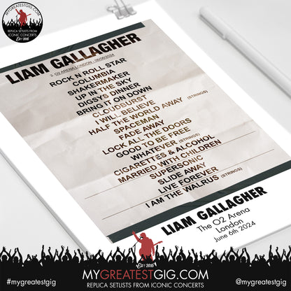 Liam Gallagher - O2 Arena - June 6th 2024 Replica Setlist Poster