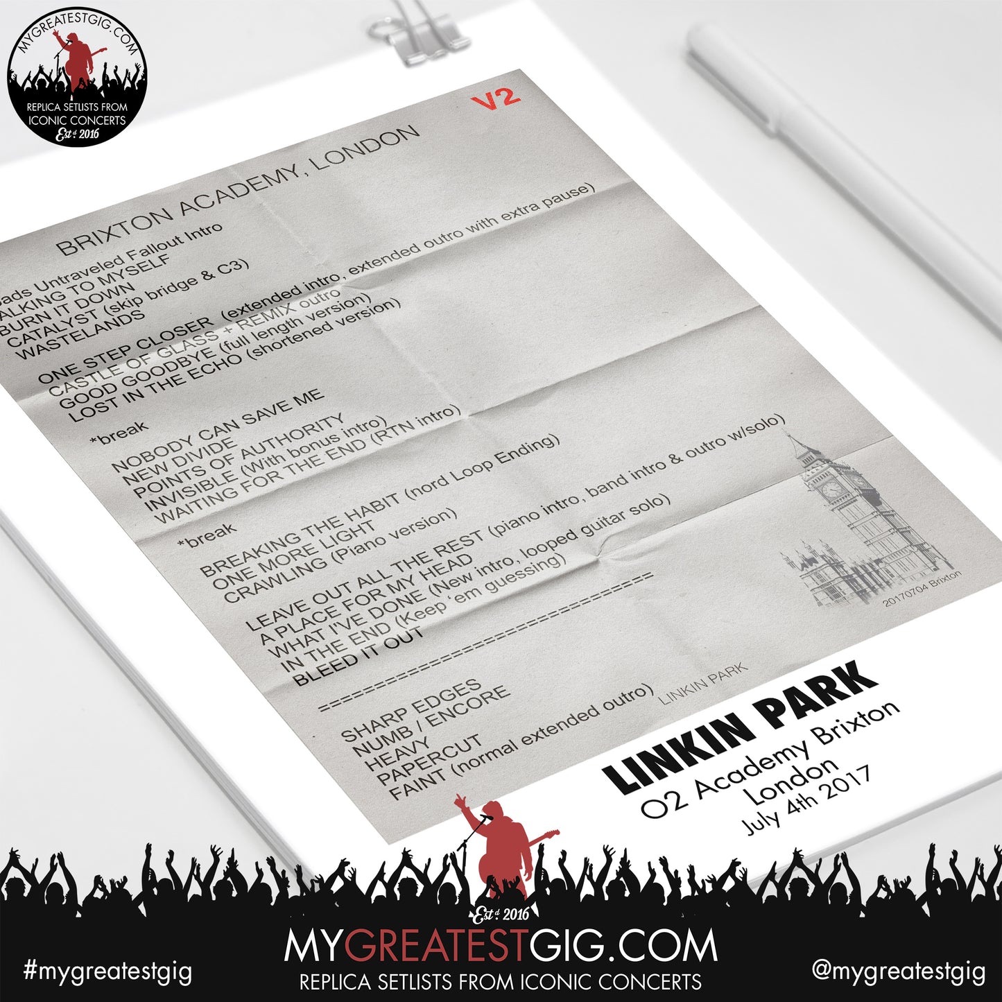 Linkin Park - Brixton - July 4th 2017 Replica Setlist Poster