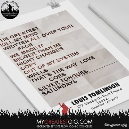 Louis Tomlinson - London - December 14th 2022 Recreated Setlist Poster