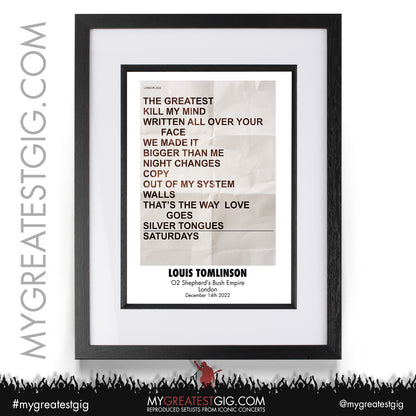 Louis Tomlinson - London - December 14th 2022 Recreated Setlist Poster