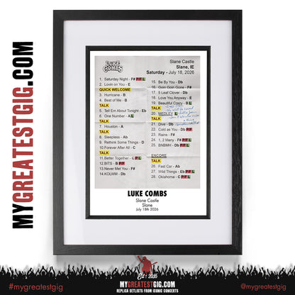 Luke Combs - My Kinda Saturday Night Tour 2026 - Replica Setlist Posters