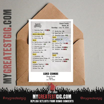 Luke Combs - My Kinda Saturday Night Tour 2026 - Replica Setlist Posters