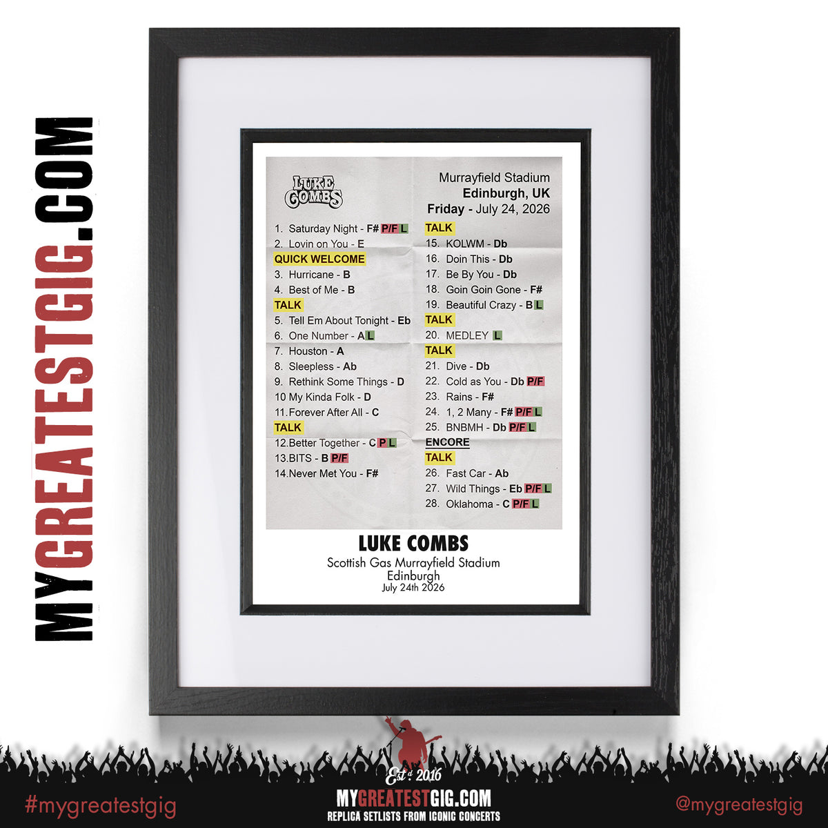Luke Combs - My Kinda Saturday Night Tour 2026 - Replica Setlist Posters