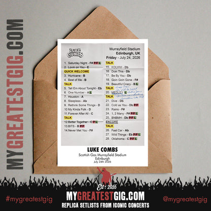 Luke Combs - My Kinda Saturday Night Tour 2026 - Replica Setlist Posters