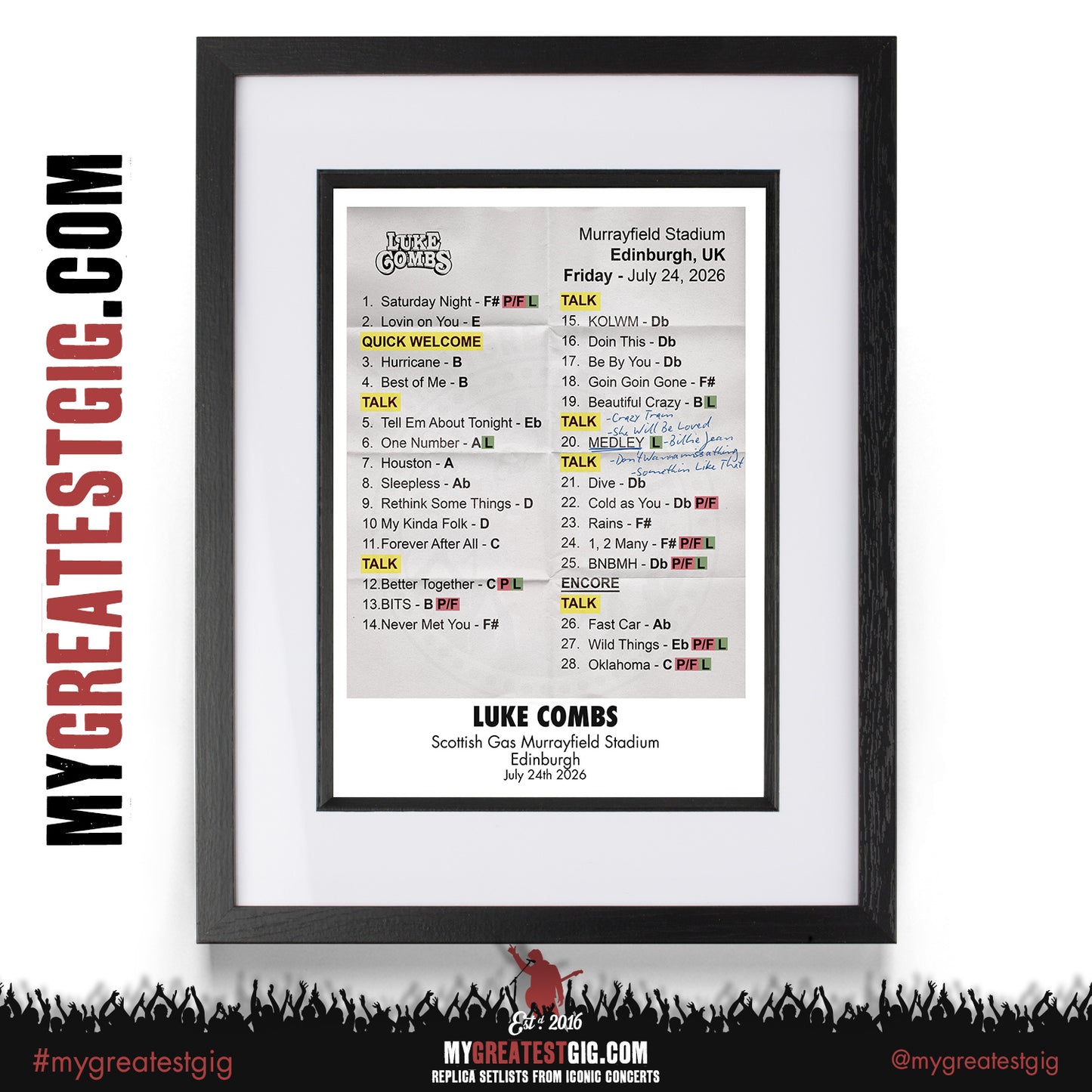 Luke Combs - My Kinda Saturday Night Tour 2026 - Replica Setlist Posters