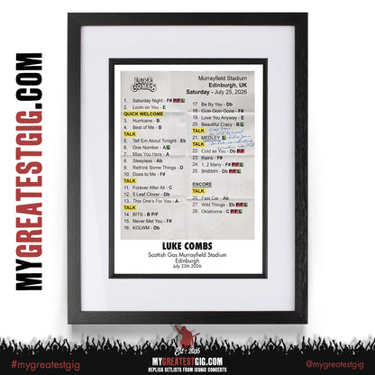 Luke Combs - My Kinda Saturday Night Tour 2026 - Replica Setlist Posters
