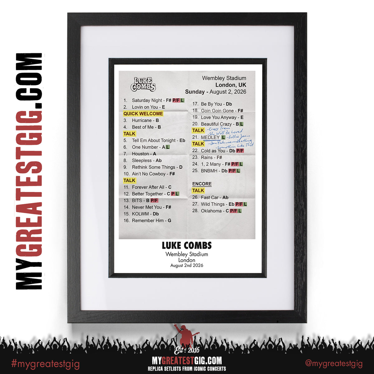 Luke Combs - My Kinda Saturday Night Tour 2026 - Replica Setlist Posters